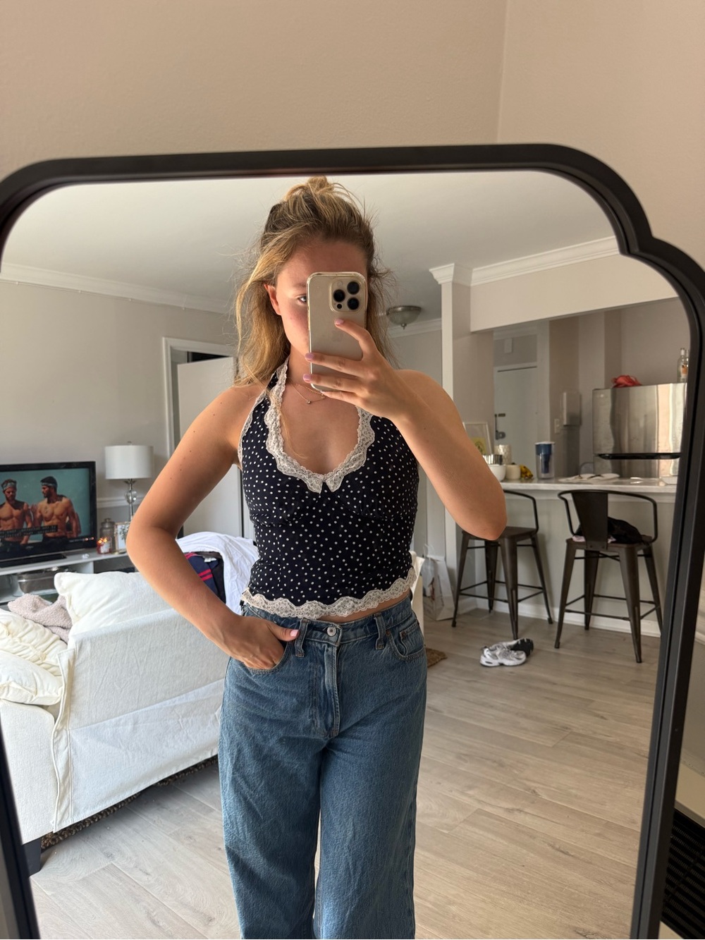 REVOLVE Navy Blue and White Polka Dot Halter Neck Tank Top